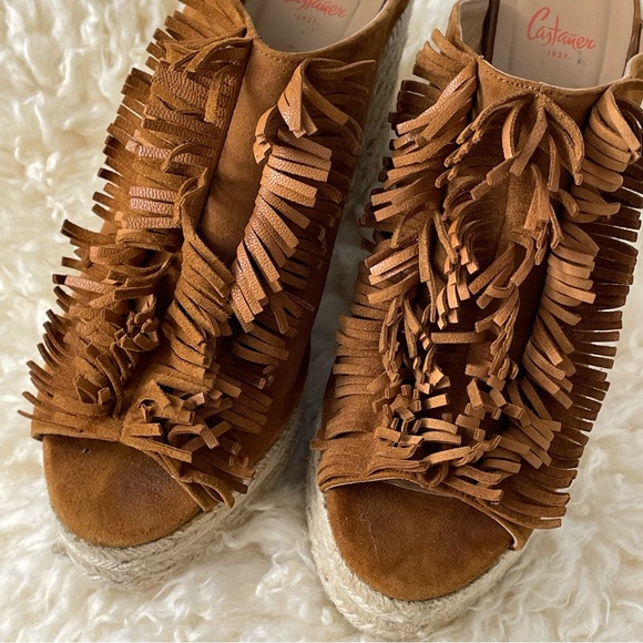 NWOT Castaner Open Toe Brown Suede Fringe Wedges Made In Spain Size 39 US 8 - Picture 3 of 14